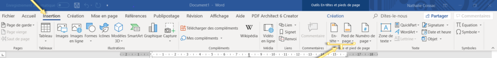 Word - papier à en-tête - modèle - Menu insérer, section "Création", en-tête et pied de page